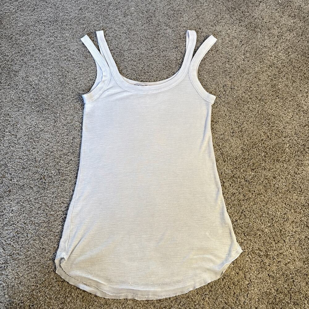 Stateside Gray Beige Split Sleeve Basic Tank Scoop Neck Size S USA Made Raw Hem